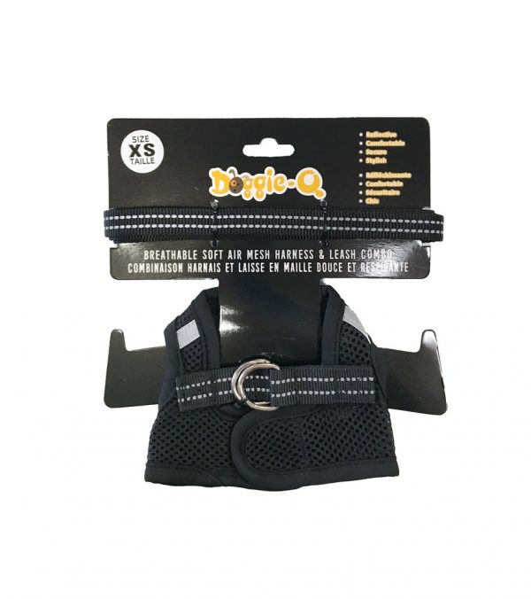 DOGGIE-Q Mesh Dog Harness/Leash combo BK XS