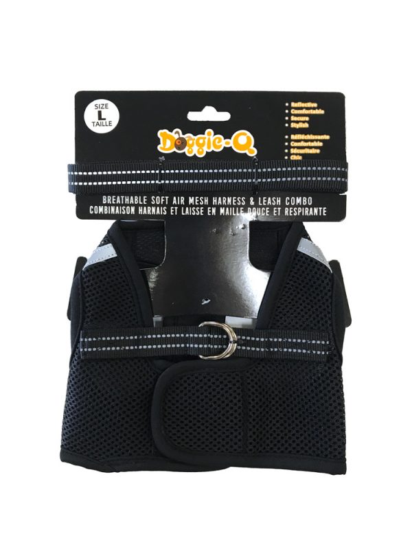 DOGGIE-Q Mesh Dog Harness/Leash combo BK L