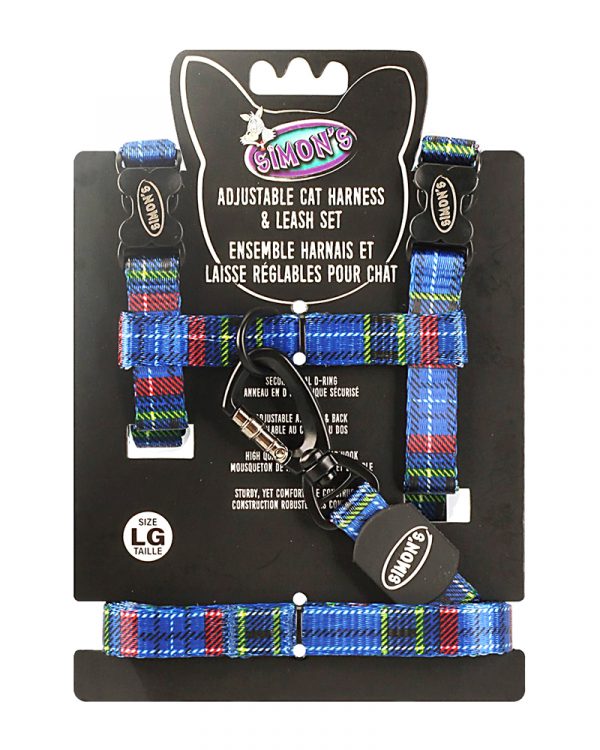 SIMONS Adjustable Nylon Harness/Leash Plaid - Blue L