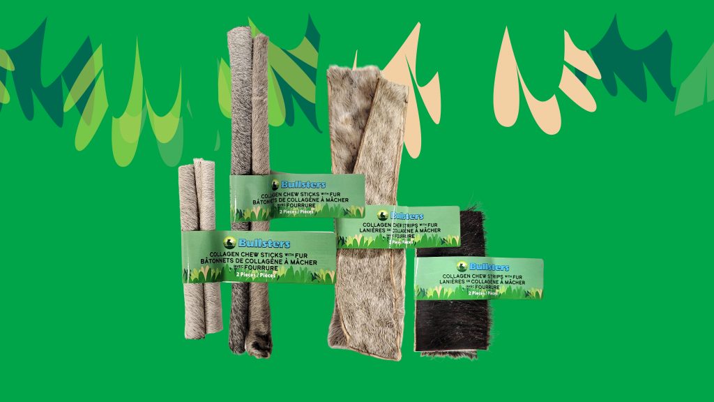 Bullsters collagen chews with fur on green background