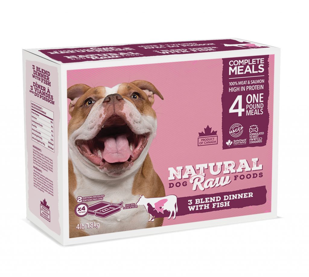 NATURAL RAW DOG FOOD 3 Blend Dinner/w/Fish 4lb - 2 portions/lb