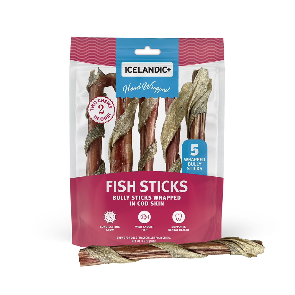 ICELANDIC+ Beef Bully Stick Wrapped with Fish Skin - 6in 2.3oz 5-Pack