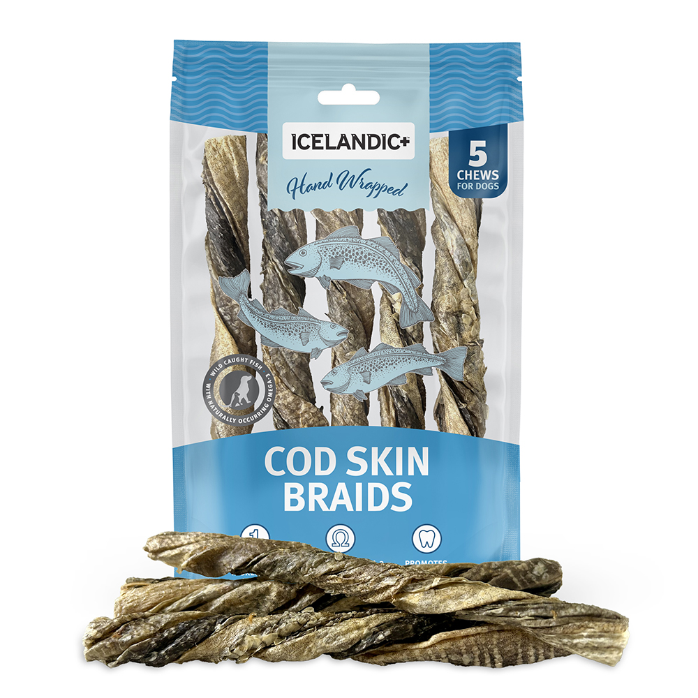 ICELANDIC+ Fish Treat Cod Skin Hand Wrapped Braid - 7in 1.5oz 5-pack